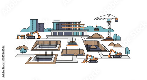 Modern Urban Construction Site Vector Illustration with Heavy Machinery, Cranes, and Building Foundations