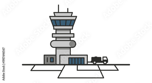 Modern Air Traffic Control Tower Vector Illustration with Airport Infrastructure and Service Vehicle
