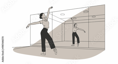 Ballerina Practicing Dance in Front of Mirror Vector Illustration