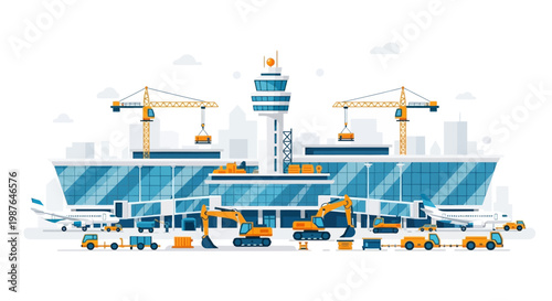 Modern Airport Terminal Under Construction Vector Illustration with Cranes, Excavators, Airplanes, and Control Tower for Infrastructure, Expansion, and Logistics Concepts