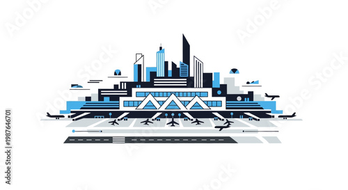 Modern Flat Design Airport Terminal with City Skyline, Airplanes on Tarmac, and Logistics Hub Concept