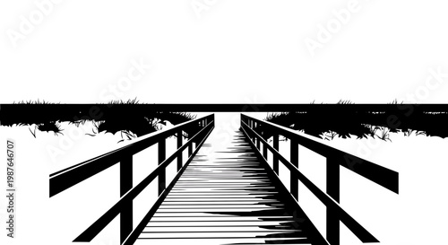 Wooden bridge path to the ocean beach black and white illustration