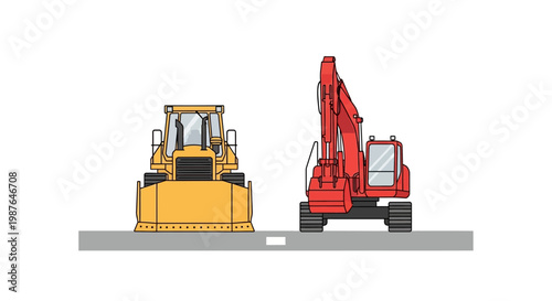 Heavy Construction Equipment Illustration - Yellow Bulldozer and Red Excavator Side-by-Side on Road, Isolated Vector Machinery for Building and Industry Projects.