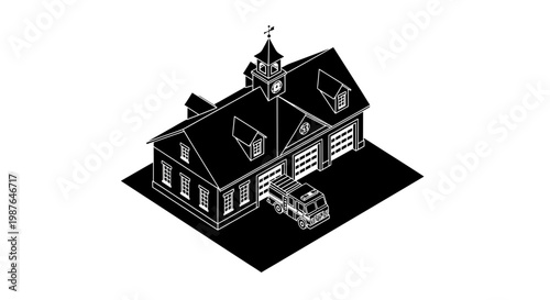 Isometric Fire Station and Fire Truck Vector Illustration