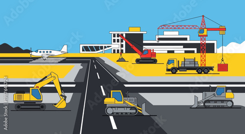 Airport Construction Site with Heavy Machinery, Excavators, Cranes, and Airplane Flat Vector Illustration