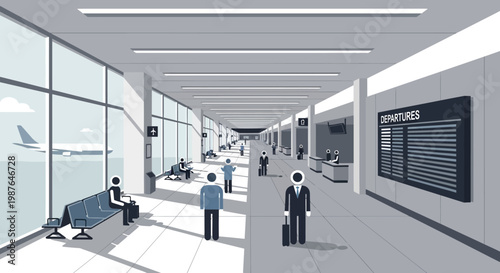 Minimalist Vector Illustration of a Modern Airport Terminal with Travelers and Departure Board