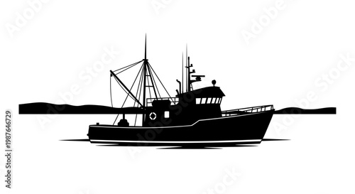 Commercial Fishing Trawler Silhouette on Water Vector Illustration