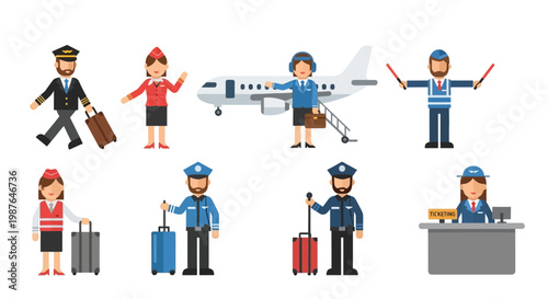 Flat Vector Illustration of Airport Staff and Airline Crew Characters Set including Pilot, Flight Attendant, Ground Marshaller, Security and Ticketing Agent on White