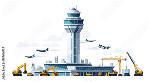 Modern Airport Terminal Construction Site with Control Tower and Airplanes Flat Vector Illustration