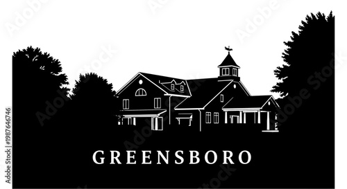 Greensboro Building Silhouette with Trees Vector Illustration