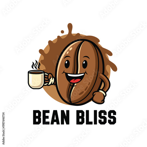 Cartoon coffee bean character holding a cup of hot coffee.