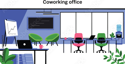 Flat minimalist coworking office illustration with desks chairs laptop flip chart graph and modern workspace interior design composition