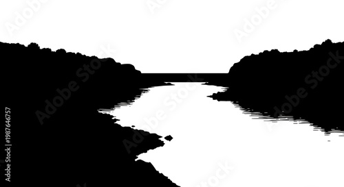 Black and white vector silhouette of a river flowing through hills