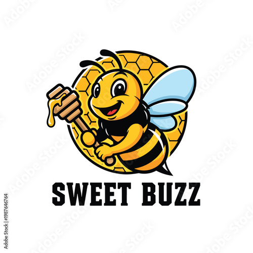 Cartoon Bee Character Mascot Holding Honey Dipper Logo.