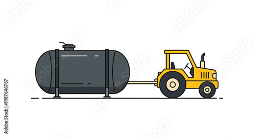 Yellow Agricultural Tractor Towing a Large Industrial Tank Trailer Vector Illustration. Flat Line Art Design for Farming, Fuel Transport, and Irrigation Concepts.