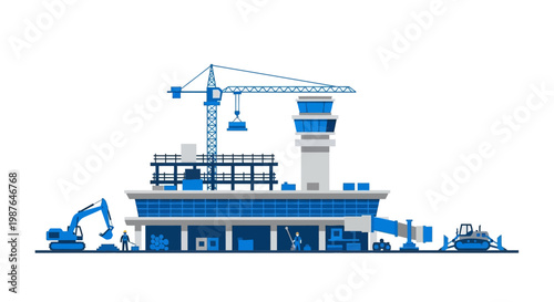 Airport Terminal Building Construction Site Vector Illustration with Crane, Excavator, and Workers