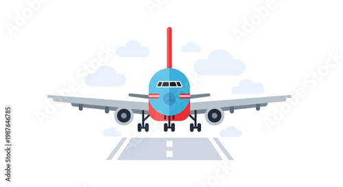 Flat Vector Illustration of a Commercial Airplane Landing on an Airport Runway with Clouds