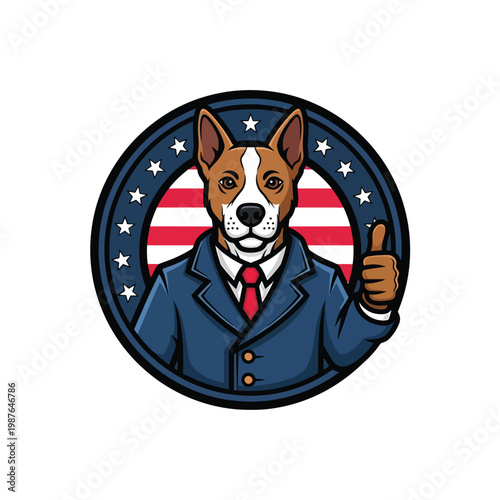 Cartoon dog politician wearing a business suit giving a thumbs up gesture.