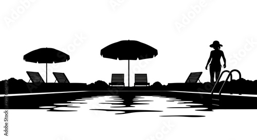 Silhouette Vector Illustration of Swimming Pool with Loungers and Woman