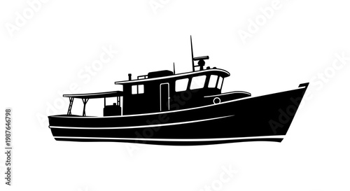 Fishing Boat Silhouette Vector Illustration on White Background