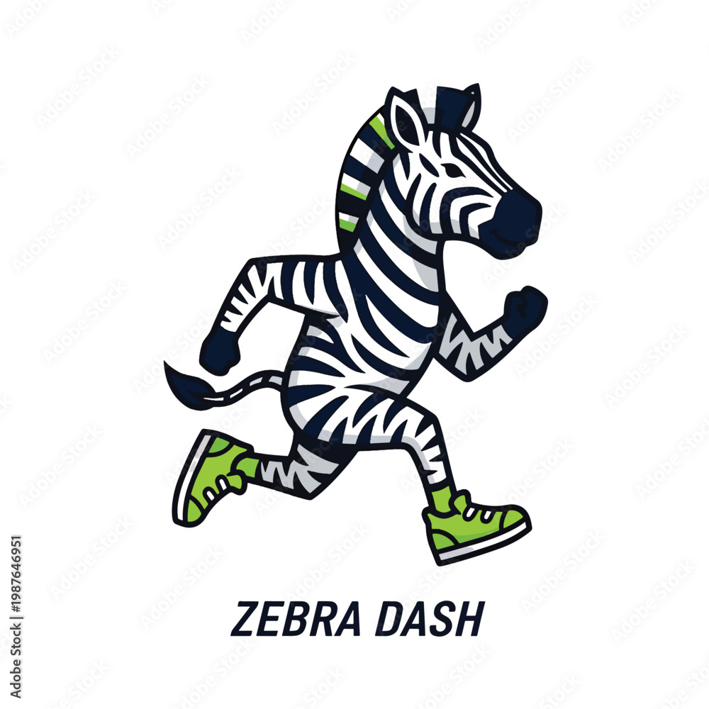 Fototapeta premium Cartoon running zebra character with green sneakers and text label.