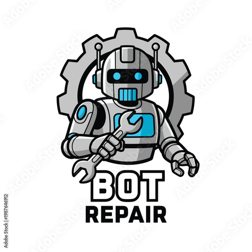 Cartoon robot mechanic holding a wrench with a gear in the background.
