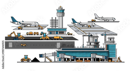 Airport Infrastructure Development and Aviation Logistics Vector Illustration with Airplanes, Ground Support Vehicles, and Terminal Construction Site