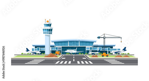 Modern Airport Terminal Building with Control Tower and Airplanes on Runway Flat Vector Illustration