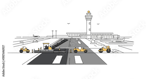 Airport Runway Construction and Maintenance Illustration with Heavy Machinery, Asphalt Paver, Road Rollers, and Control Tower in Minimalist Line Art Style