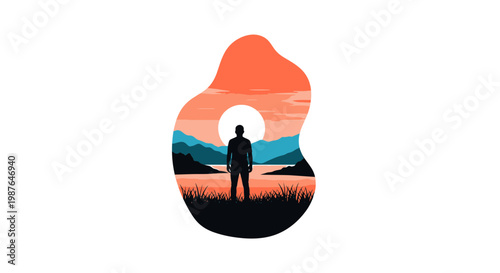 Silhouette of man looking at sunset landscape vector illustration