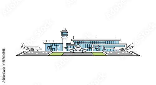 Flat Line Art Illustration of Modern Airport Terminal with Control Tower and Airplanes on Runway