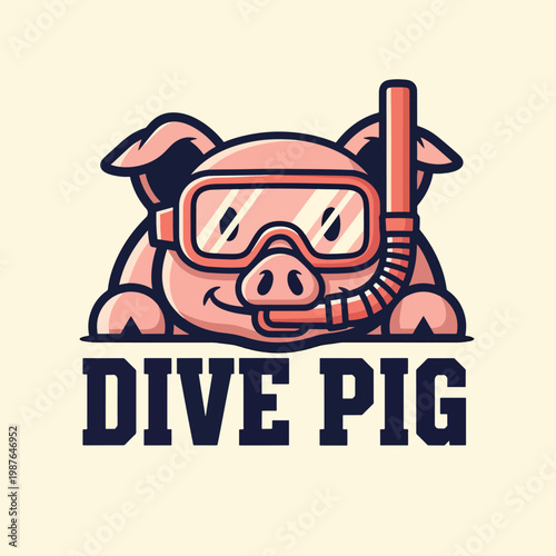 Cartoon pig mascot logo wearing scuba diving gear with snorkel.
