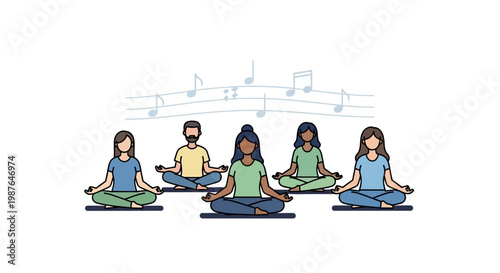 Group Meditation and Sound Therapy Illustration with Diverse People and Music Notes