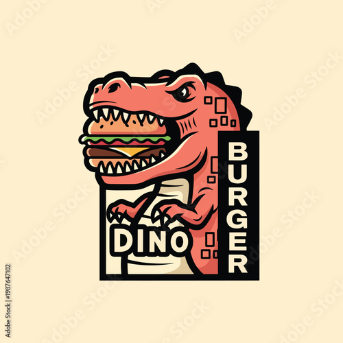 Cartoon Tyrannosaurus Rex Eating a Delicious Cheeseburger Mascot Logo.