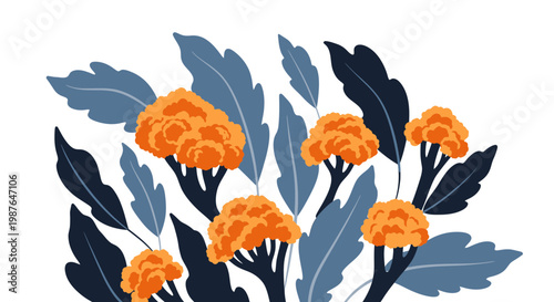 Stylized Orange Broccoli Illustration with Blue Leaves