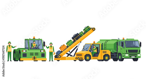 Airport Ground Support Equipment and Crew Set: Flat Vector Illustration with Tug, Belt Loader, and Fuel Tanker