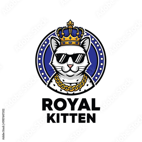 Cool royal kitten mascot logo with crown and sunglasses.