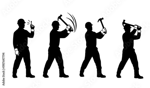 Vector silhouette set of construction worker using hammer in various labor and repair poses