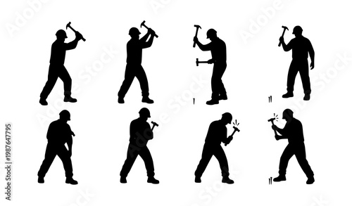 Construction worker silhouette vector set of man using hammer for industry, repair, and labor