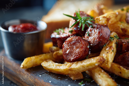 Porção de batata frita com linguiça calabresa, tradicional comida de buteco.