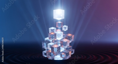 Rising stack of glowing crystal data cubes with a single floating peak, digital network concept.