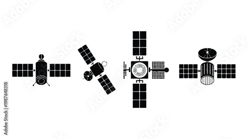 Illustration shows various satellites orbiting Earth in space with solar panels