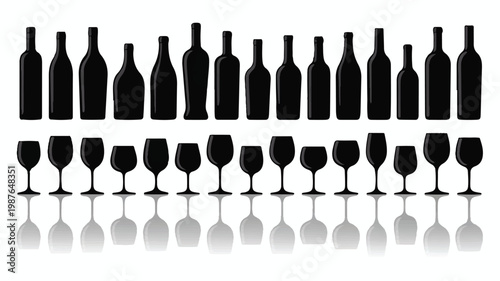 An illustration shows wine bottles and wine glasses in a row on a reflective surface
