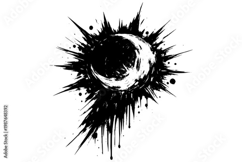 Chaotic Crescent Moon Ink Art, Black ink-style illustration of a crescent moon with heavier splatter and chaotic burst patterns, symbolizing turbulence and mystery.