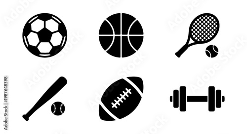 Sports equipment vector illustration featuring soccer basketball tennis and baseball items design