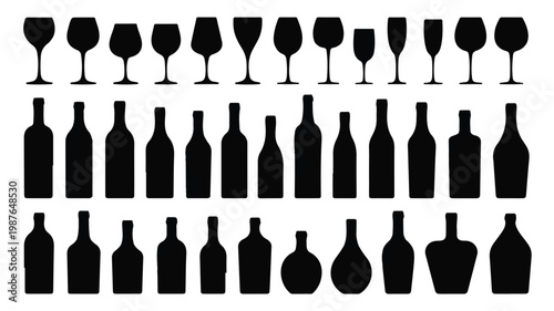 The illustration depicts various wine glasses and bottles arranged in rows on a surface.