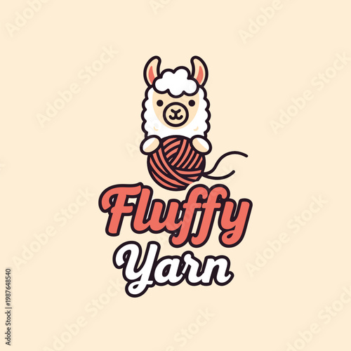 Cute cartoon llama logo design holding a ball of yarn.
