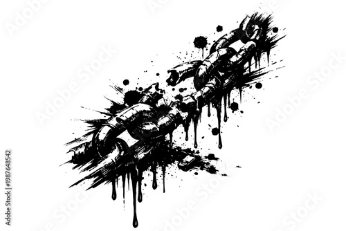 Chain Ink Art, Splattered ink-style illustration of a chain with dripping paint and scattered blotches, symbolizing bondage and strength