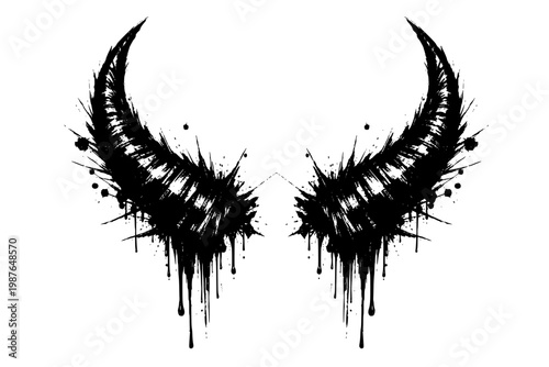 Demonic Horns Ink Art, Black ink-style illustration of two curved horn-like shapes with dripping, splattered edges, resembling stylized demonic horns.