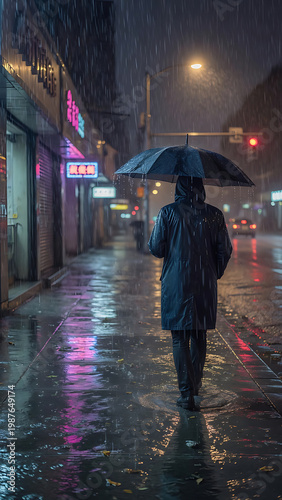 Person Walks Down Wet City Street Under Umbrella During Heavy Rainfall at Night